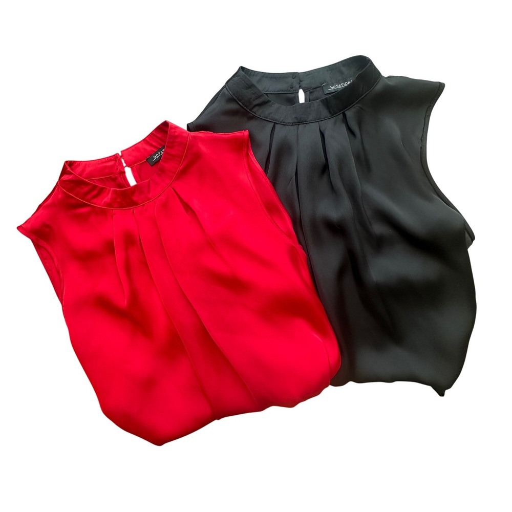 Notations Lot of 2 Top Womens Large Black Red Mock Neck Pleated Career Classic